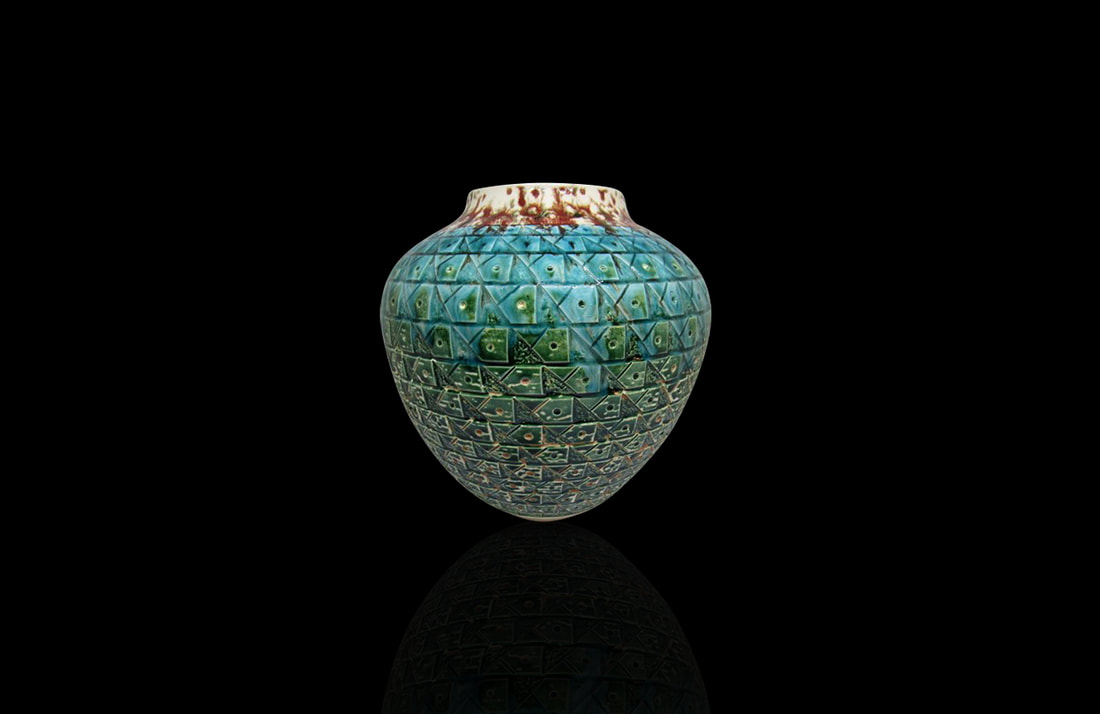 Green Ceramic Vase detail carved 