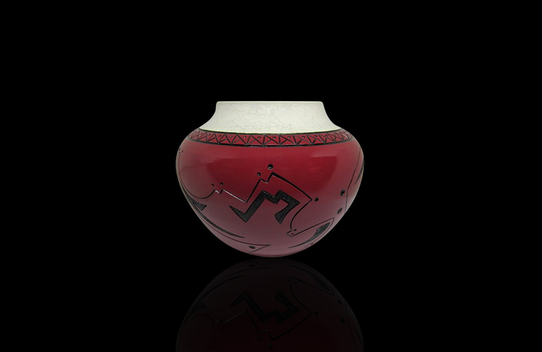 Red and black lined Ceramic Vase